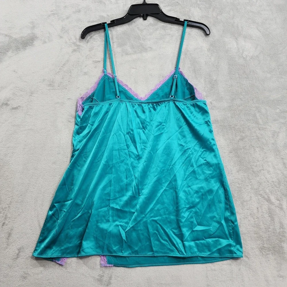 Victoria's Secret Chemise Womens L Blue Tease Satin Lace-Trim Mini Slip Retro